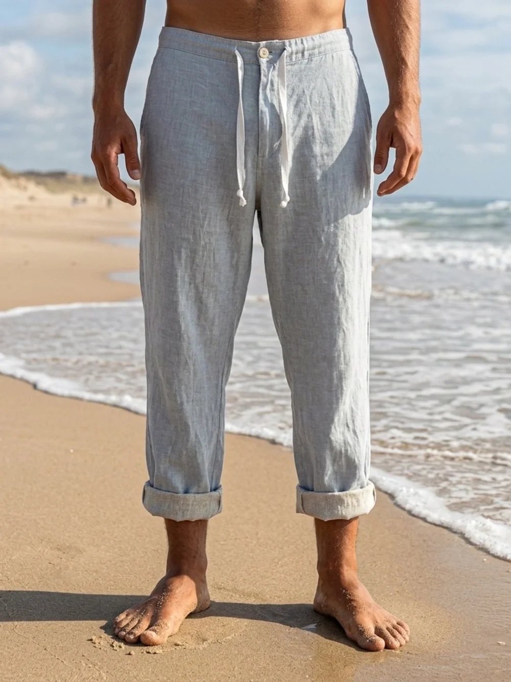 Minimalist Classic Neutral Linen Loose Fit Drawstring Long Pants Trousers ~ XL